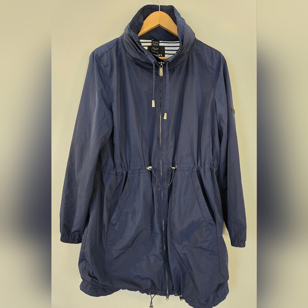 Olsen Europe Long Navy Raincoat With Hidden‎ Hood Size M/10